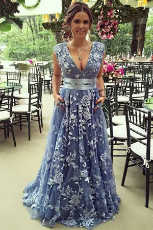 A-Line Deep V-Neck Sweep Train Blue Lace Prom Dress with Belt LRA410