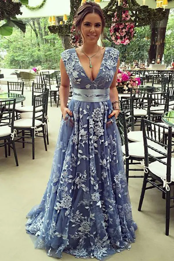 A-Line Deep V-Neck Sweep Train Blue Lace Prom Dress with Belt LRA410