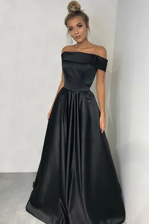 A-Line Off-the-Shoulder Sweep Train Black Satin Sleeveless Prom Dress with Pleats LRA133