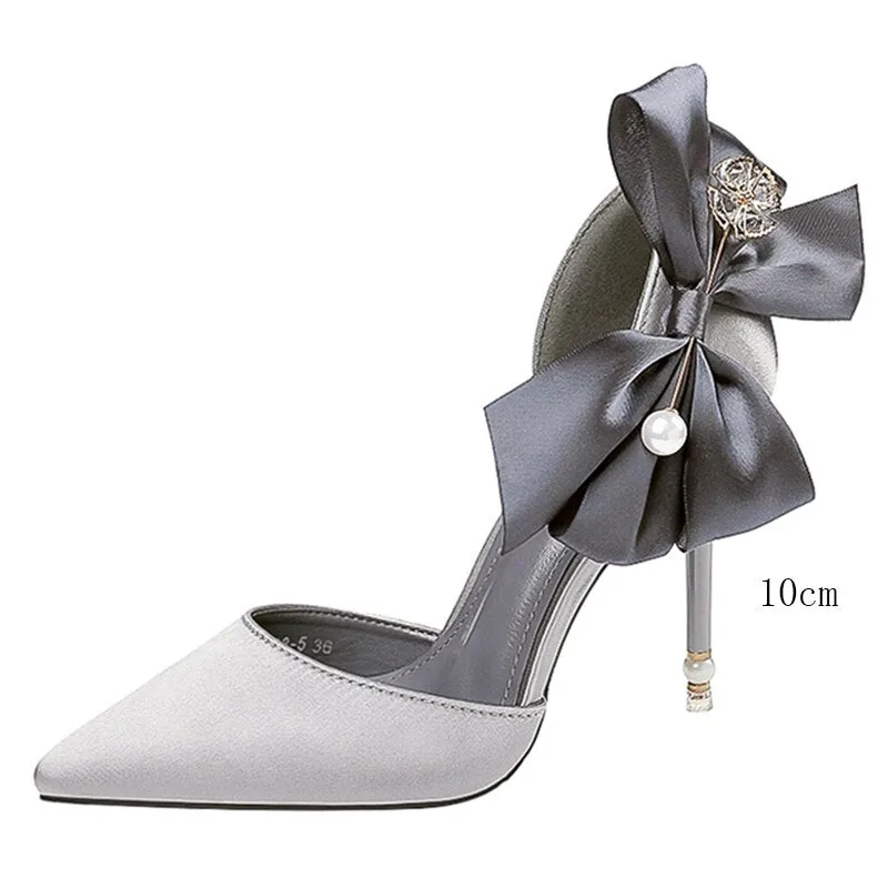 Amozae-Amzoae   Elegant Women10cm/7.5cm Pencil Heels Pumps White Butterfly Knots Pumps Red Pearl Satin Pumps Ladies Wedding Plus Size Shoes