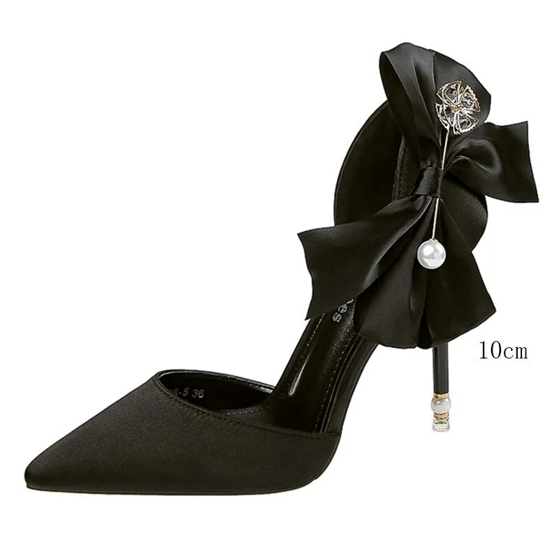 Amozae-Amzoae   Elegant Women10cm/7.5cm Pencil Heels Pumps White Butterfly Knots Pumps Red Pearl Satin Pumps Ladies Wedding Plus Size Shoes