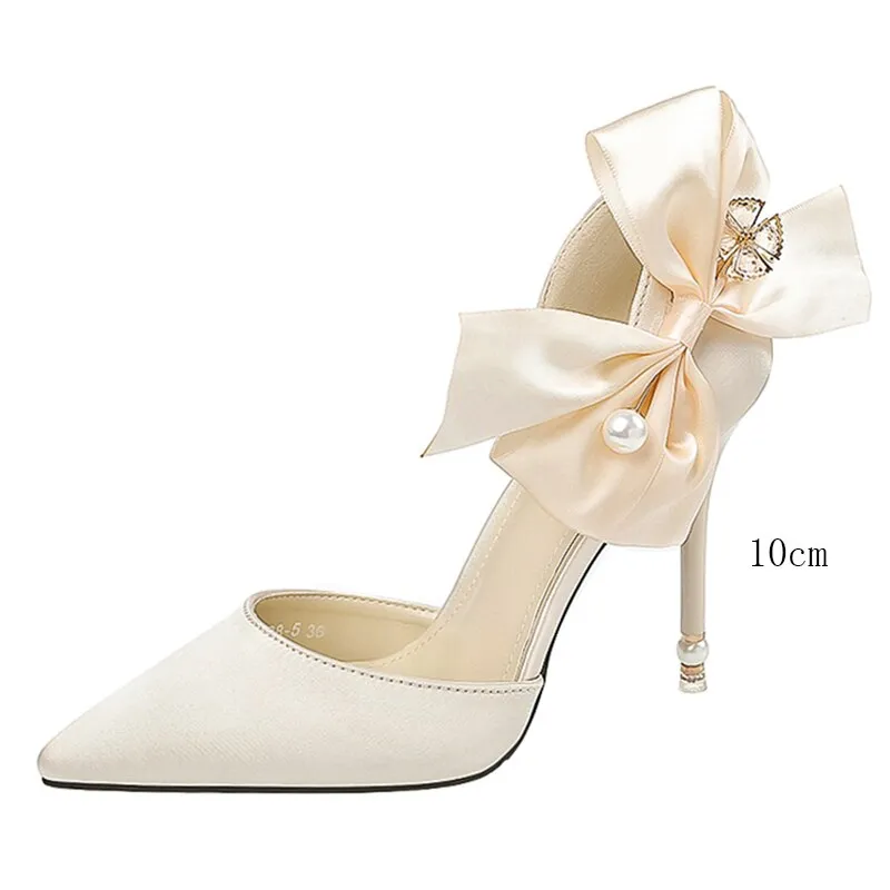 Amozae-Amzoae   Elegant Women10cm/7.5cm Pencil Heels Pumps White Butterfly Knots Pumps Red Pearl Satin Pumps Ladies Wedding Plus Size Shoes