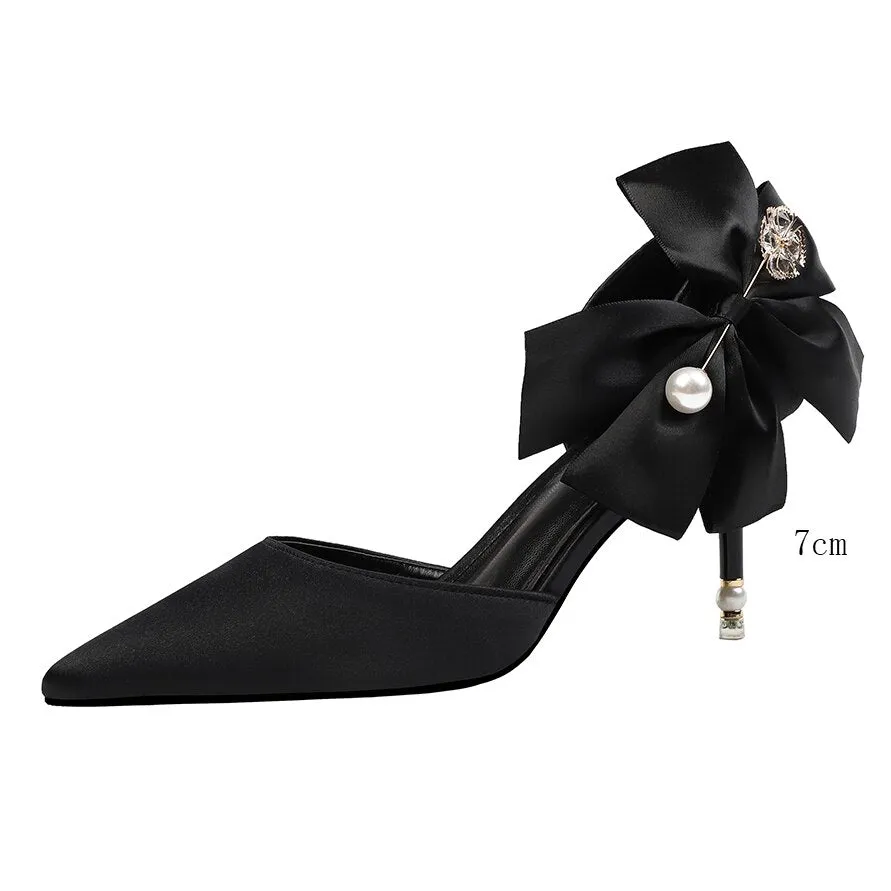 Amozae-Amzoae   Elegant Women10cm/7.5cm Pencil Heels Pumps White Butterfly Knots Pumps Red Pearl Satin Pumps Ladies Wedding Plus Size Shoes