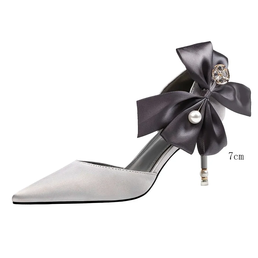 Amozae-Amzoae   Elegant Women10cm/7.5cm Pencil Heels Pumps White Butterfly Knots Pumps Red Pearl Satin Pumps Ladies Wedding Plus Size Shoes