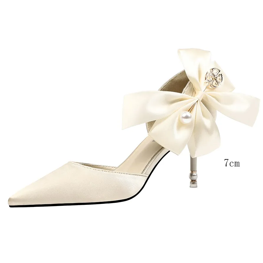Amozae-Amzoae   Elegant Women10cm/7.5cm Pencil Heels Pumps White Butterfly Knots Pumps Red Pearl Satin Pumps Ladies Wedding Plus Size Shoes