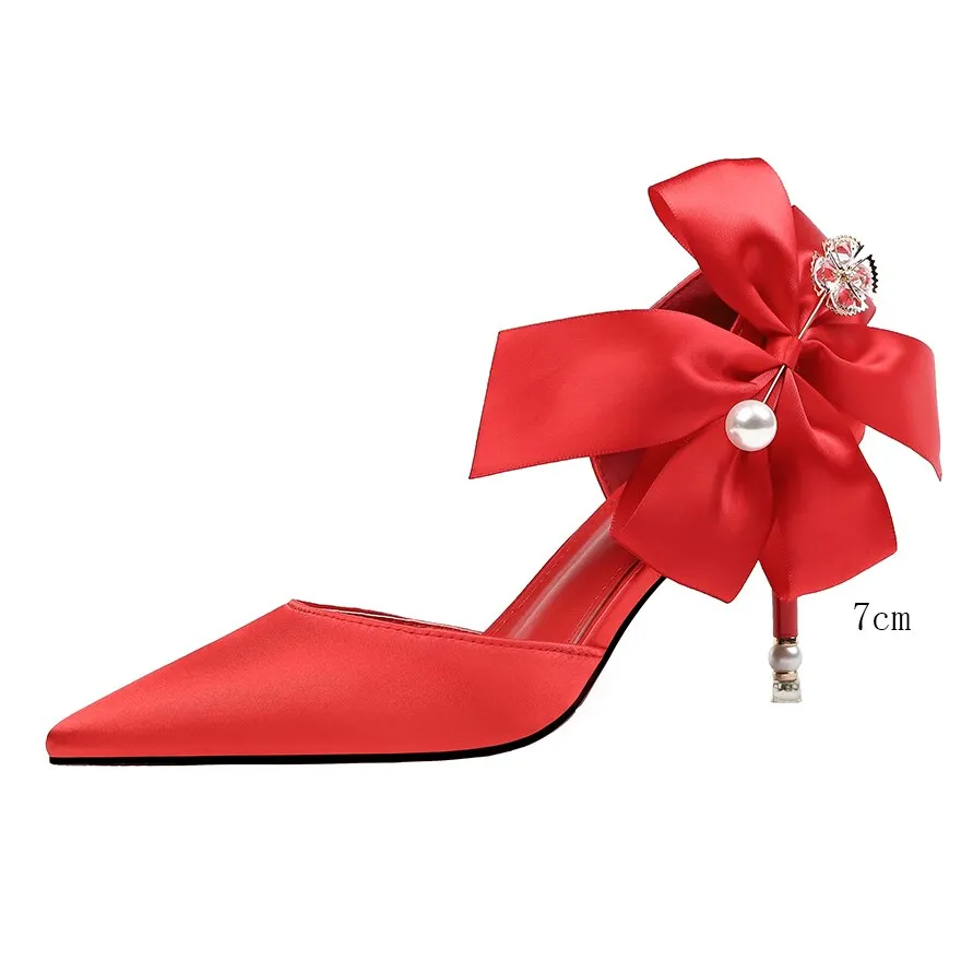 Amozae-Amzoae   Elegant Women10cm/7.5cm Pencil Heels Pumps White Butterfly Knots Pumps Red Pearl Satin Pumps Ladies Wedding Plus Size Shoes