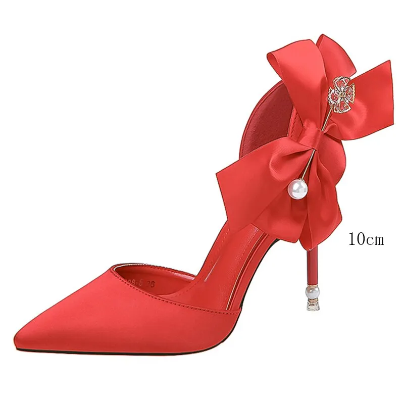 Amozae-Amzoae   Elegant Women10cm/7.5cm Pencil Heels Pumps White Butterfly Knots Pumps Red Pearl Satin Pumps Ladies Wedding Plus Size Shoes
