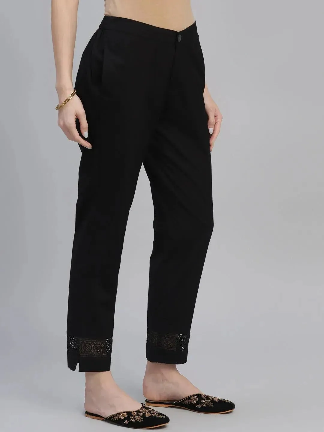 Black Solid Cotton Trousers