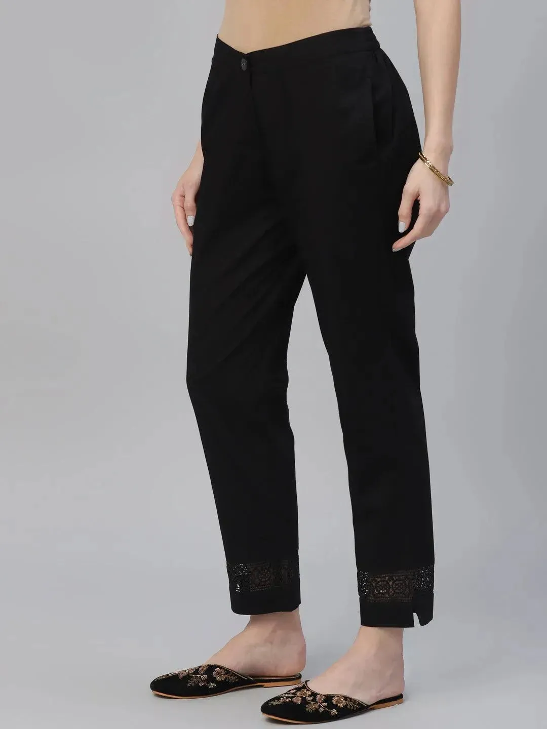 Black Solid Cotton Trousers