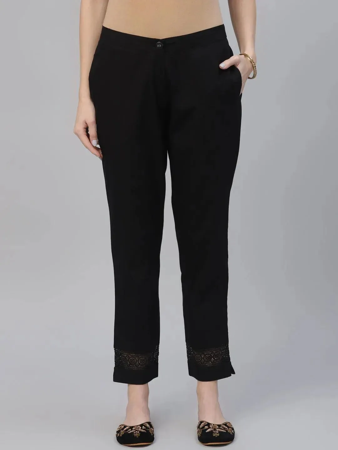 Black Solid Cotton Trousers