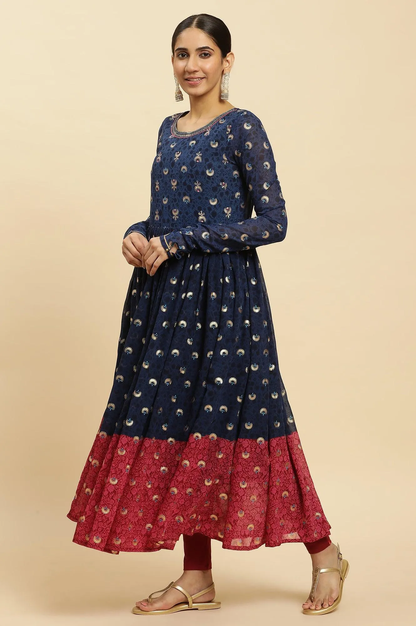 Blue Gathered Embroidered Kurta, Tights And Dupatta Festive Set