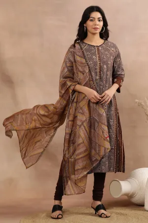 Brown Printed Kurta, Churidar And Dupatta Set