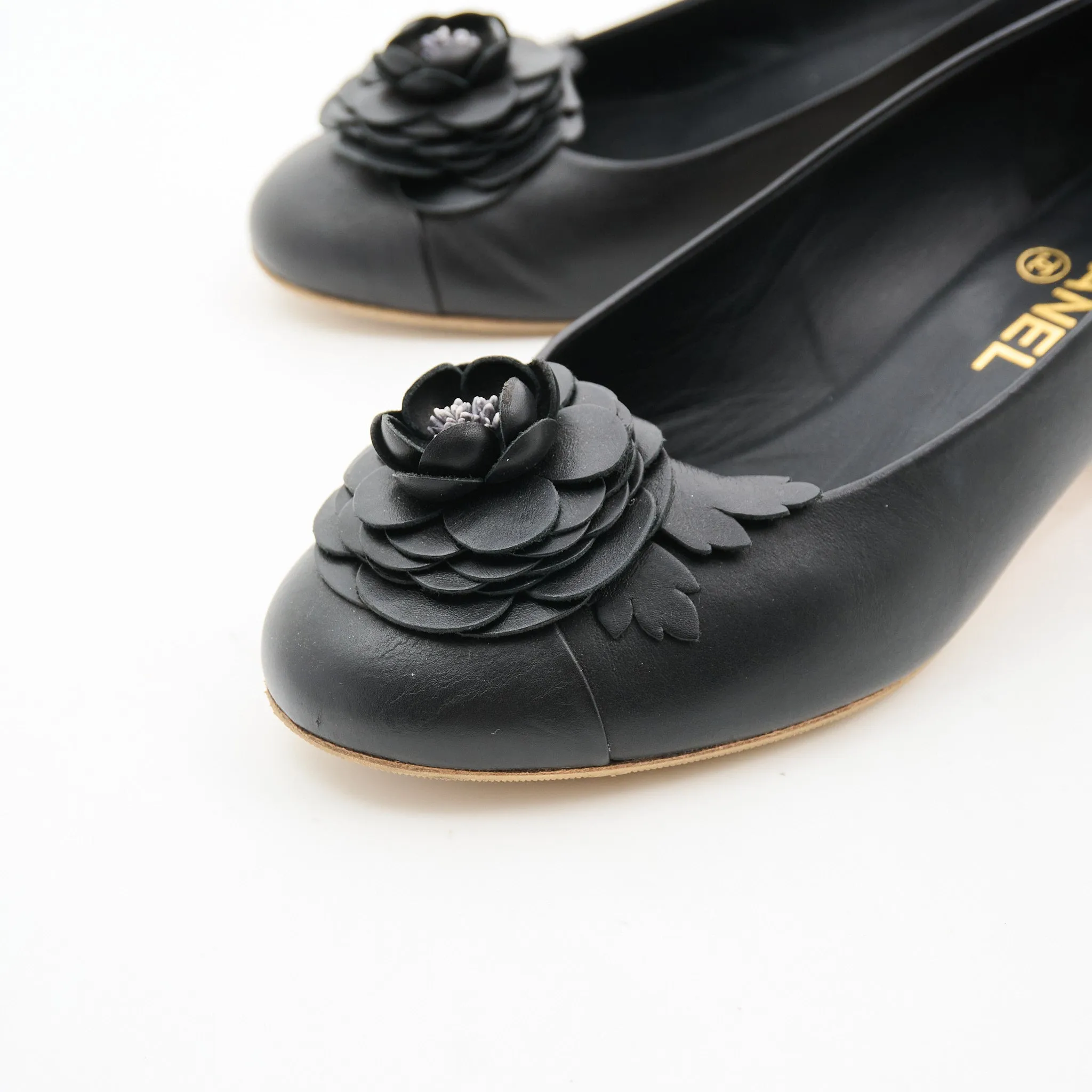 Chanel Camellia Black Calfskin Heels Size 38