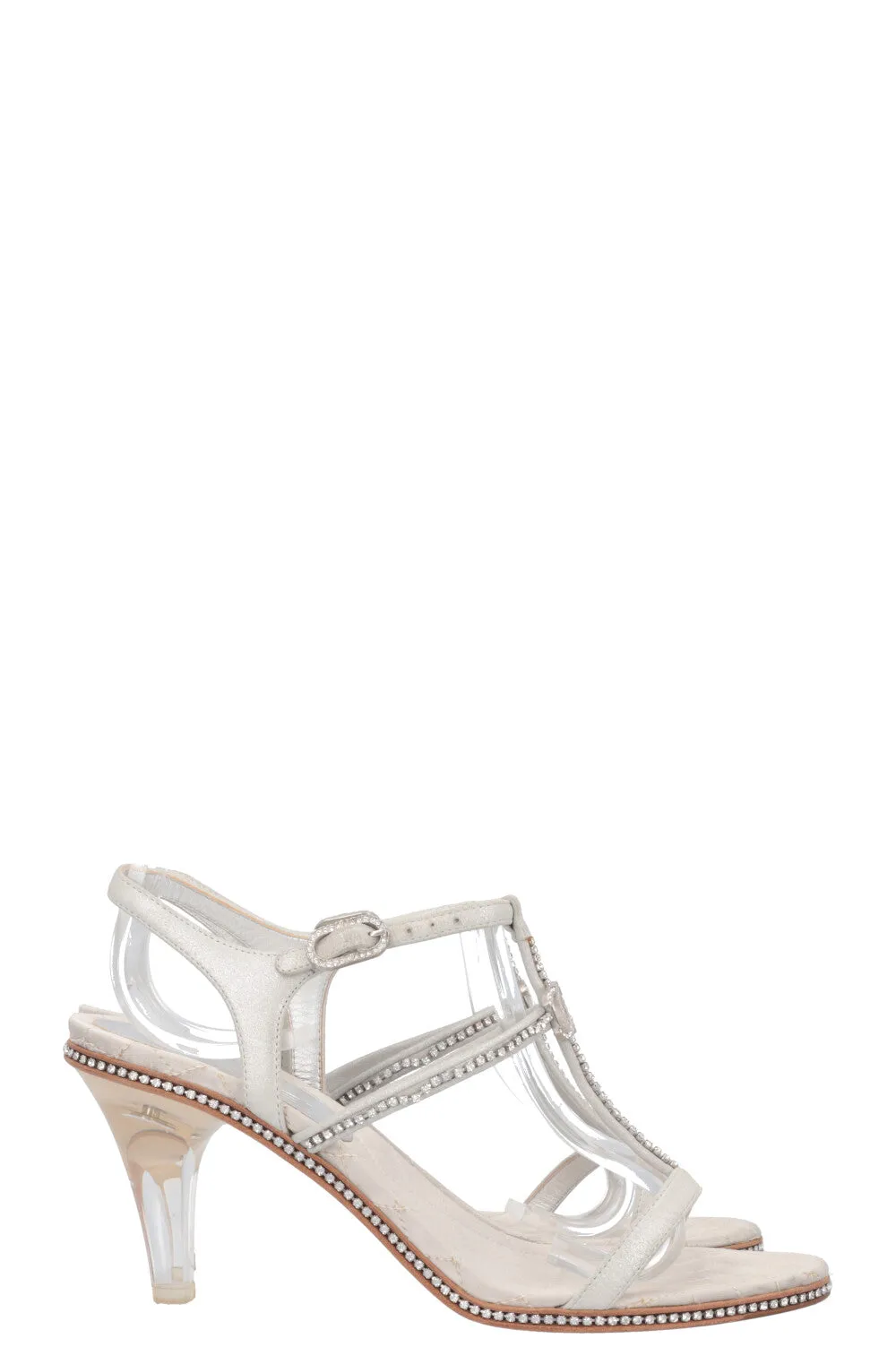 CHANEL Plexy Heel Crystal CC Sandals Silver