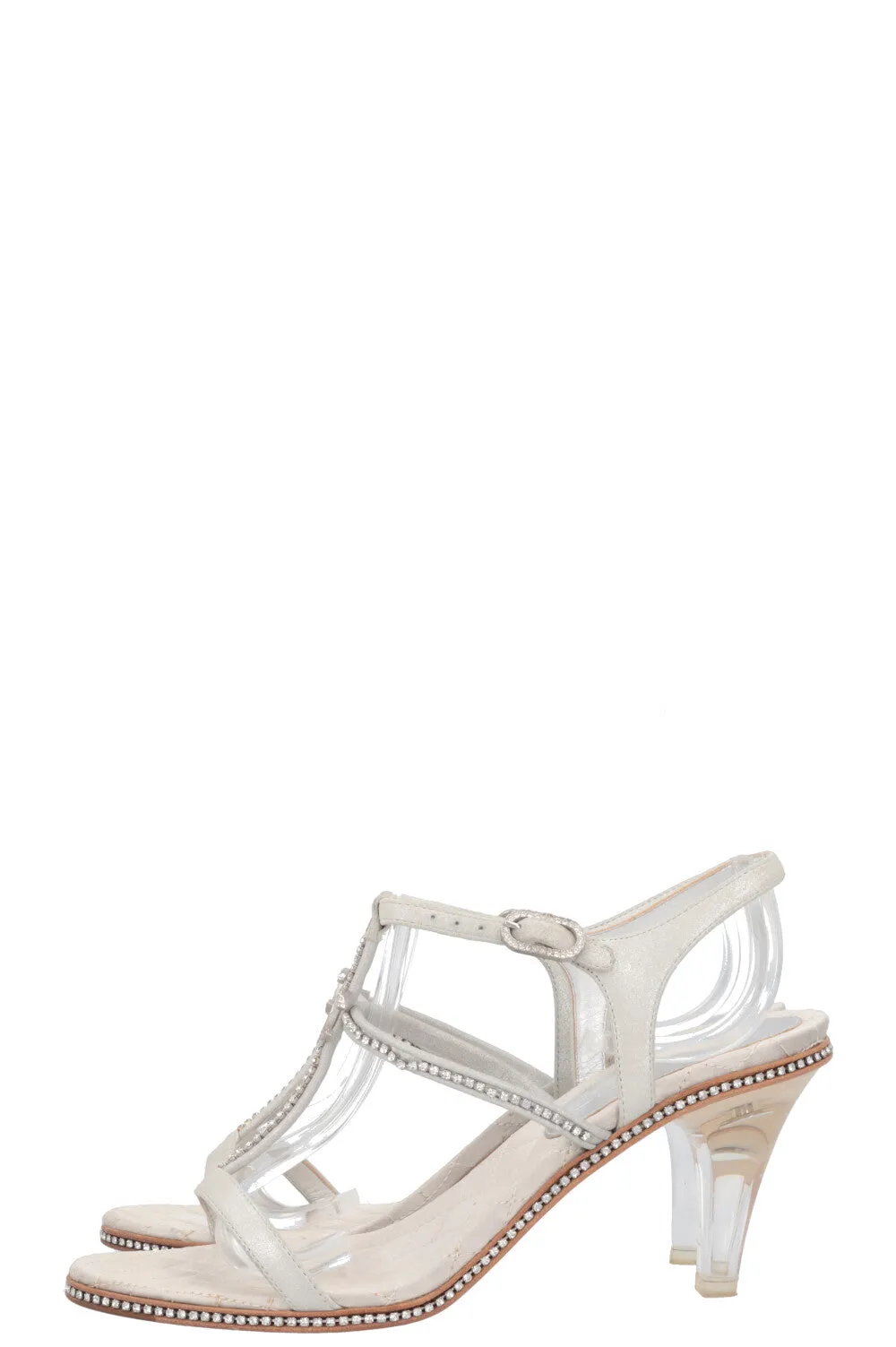 CHANEL Plexy Heel Crystal CC Sandals Silver