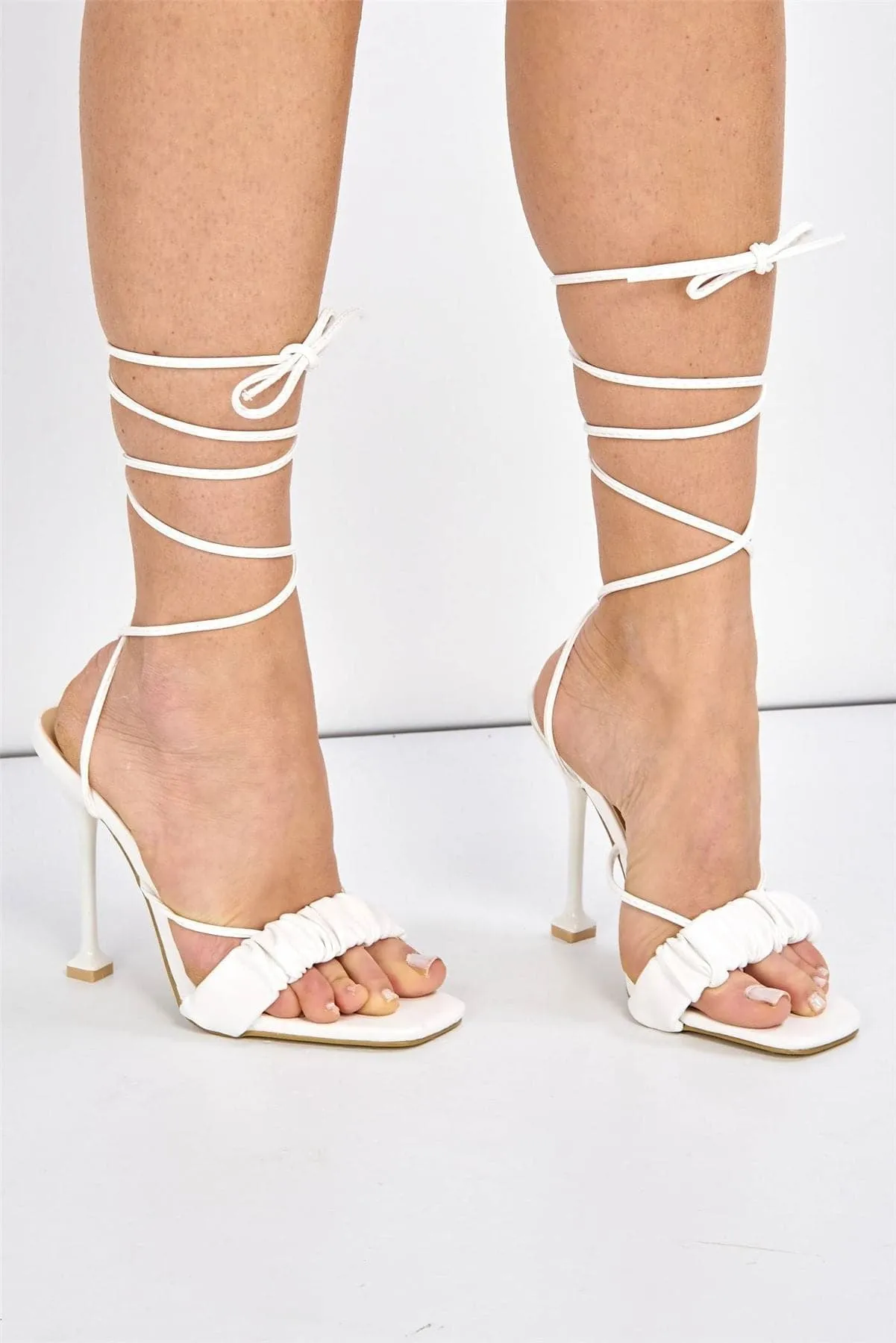 Coco Ruched Band Lace-up Heels in White