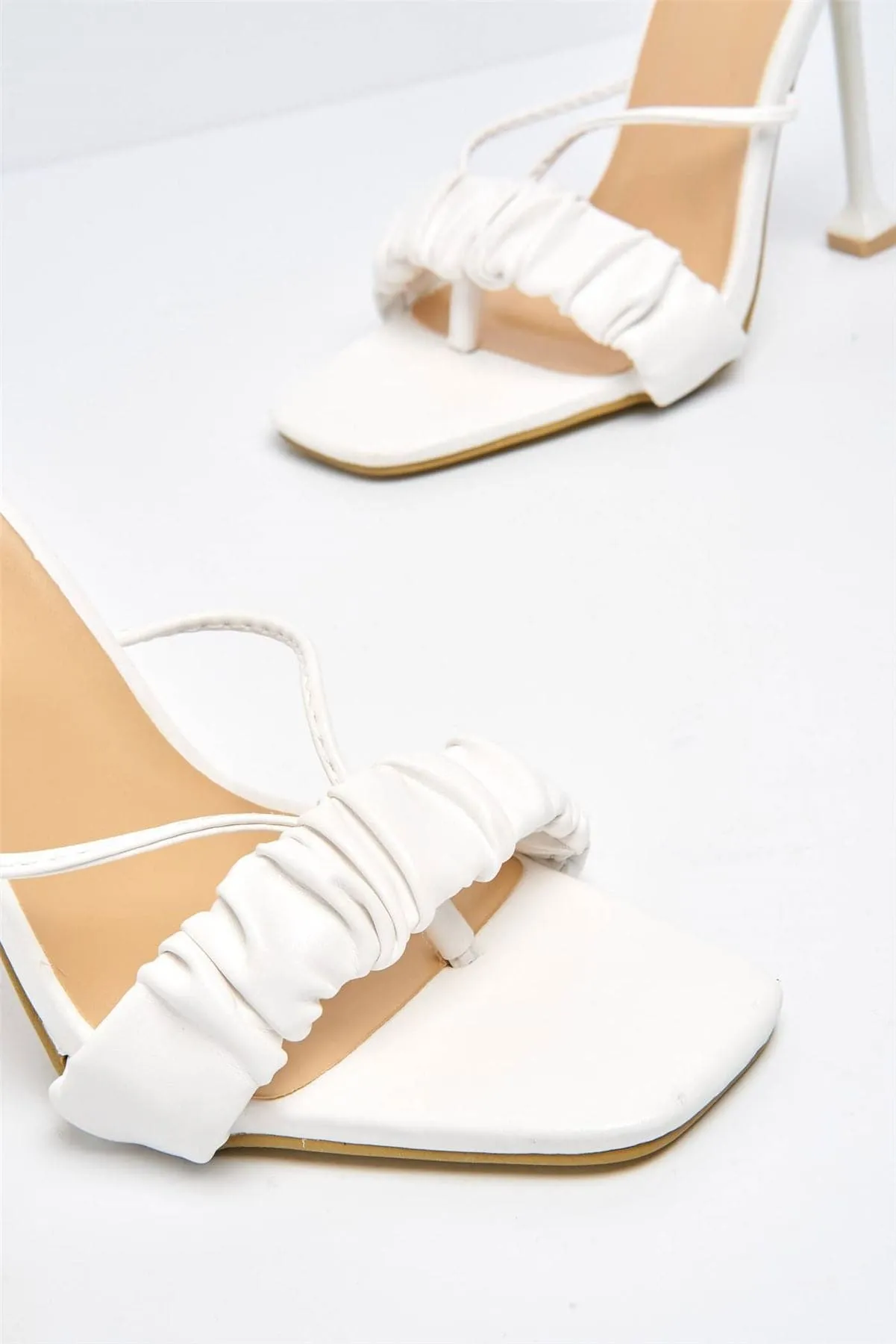 Coco Ruched Band Lace-up Heels in White