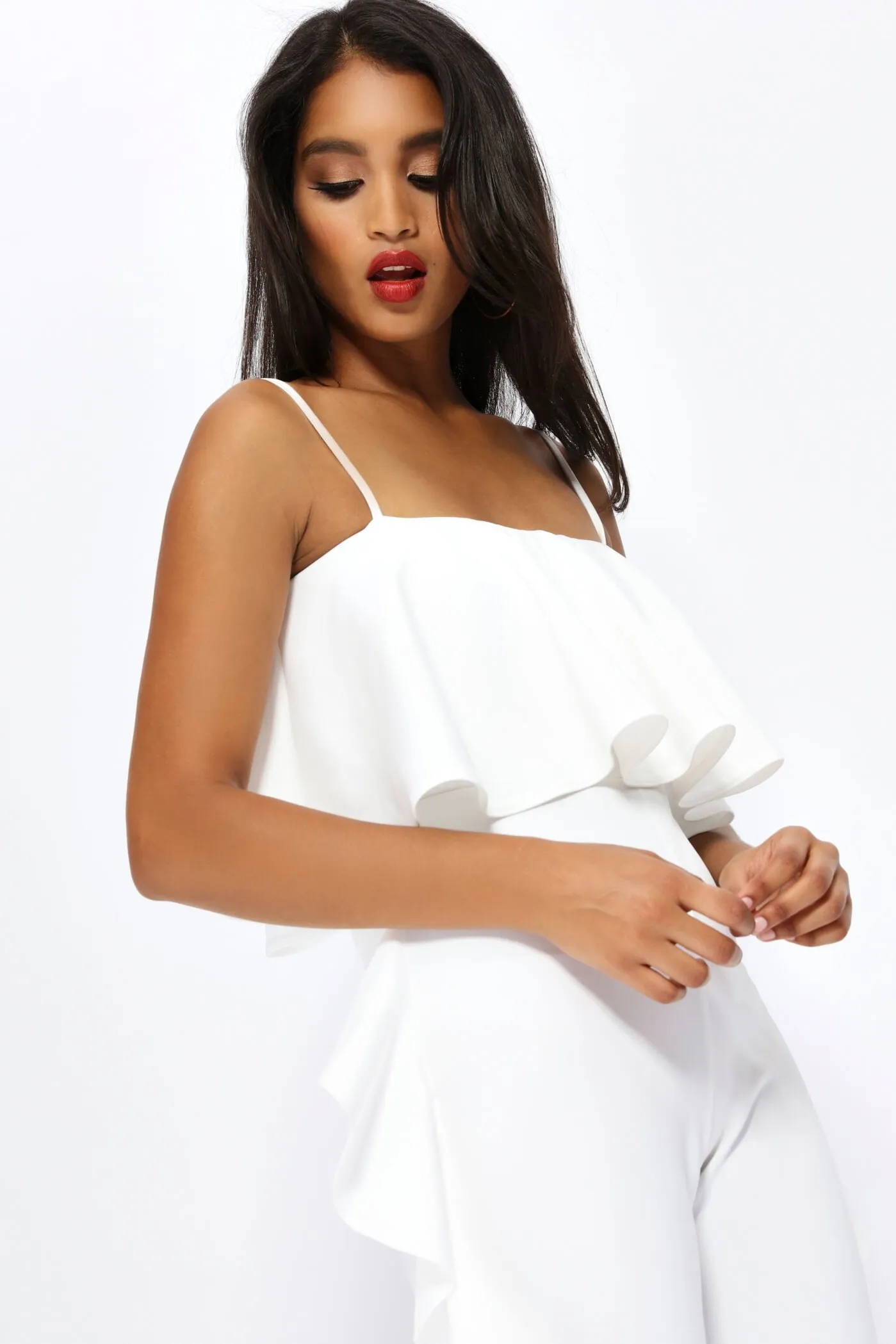 Cream Frill Top And Side Leg Jumpsuit