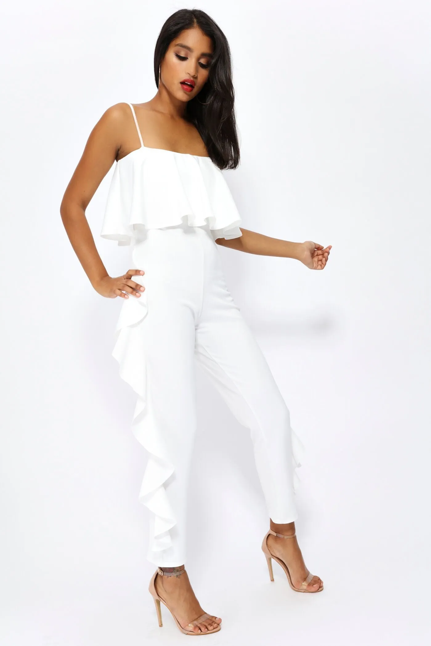 Cream Frill Top And Side Leg Jumpsuit