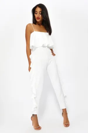 Cream Frill Top And Side Leg Jumpsuit