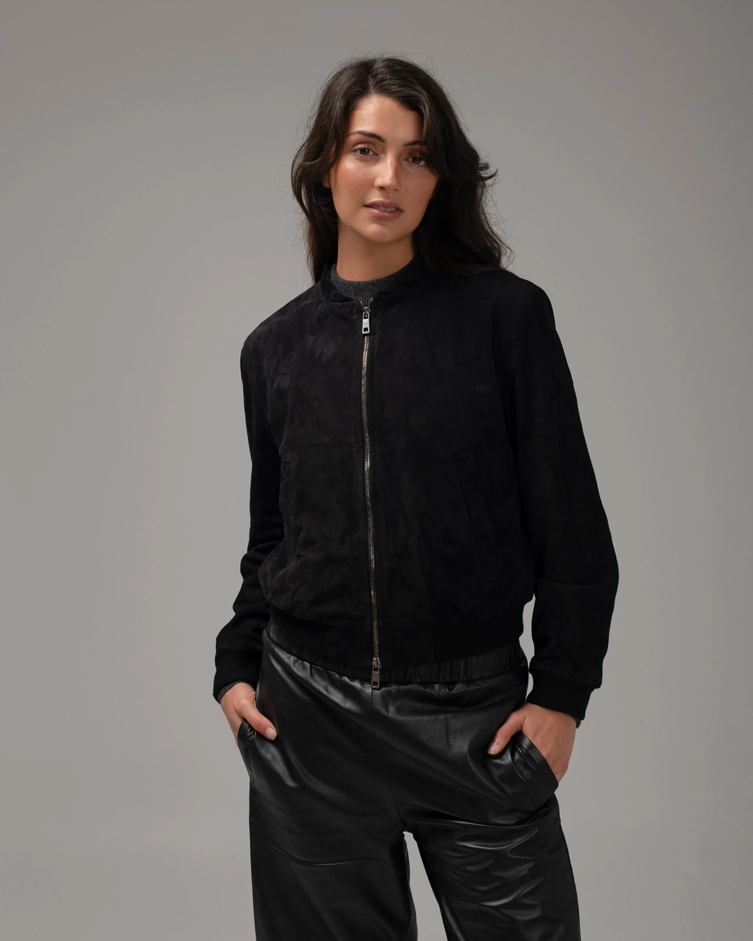 Crew Neck Bomber Jacket Suede Nero GD24S17057CMSO