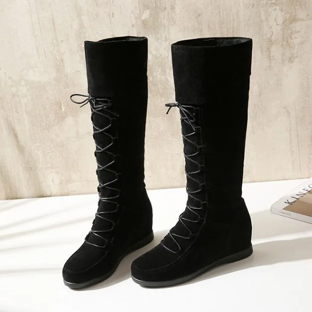 Curled Edge Up Round Toe Inside Heels Knee Length Boots