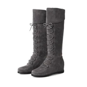 Curled Edge Up Round Toe Inside Heels Knee Length Boots