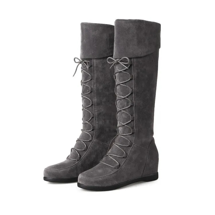 Curled Edge Up Round Toe Inside Heels Knee Length Boots