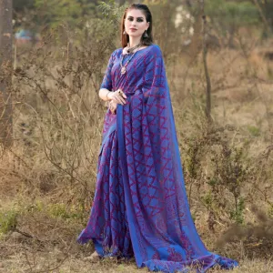 Elegant Blue Colored Casual Wear Printed Brasso Saree