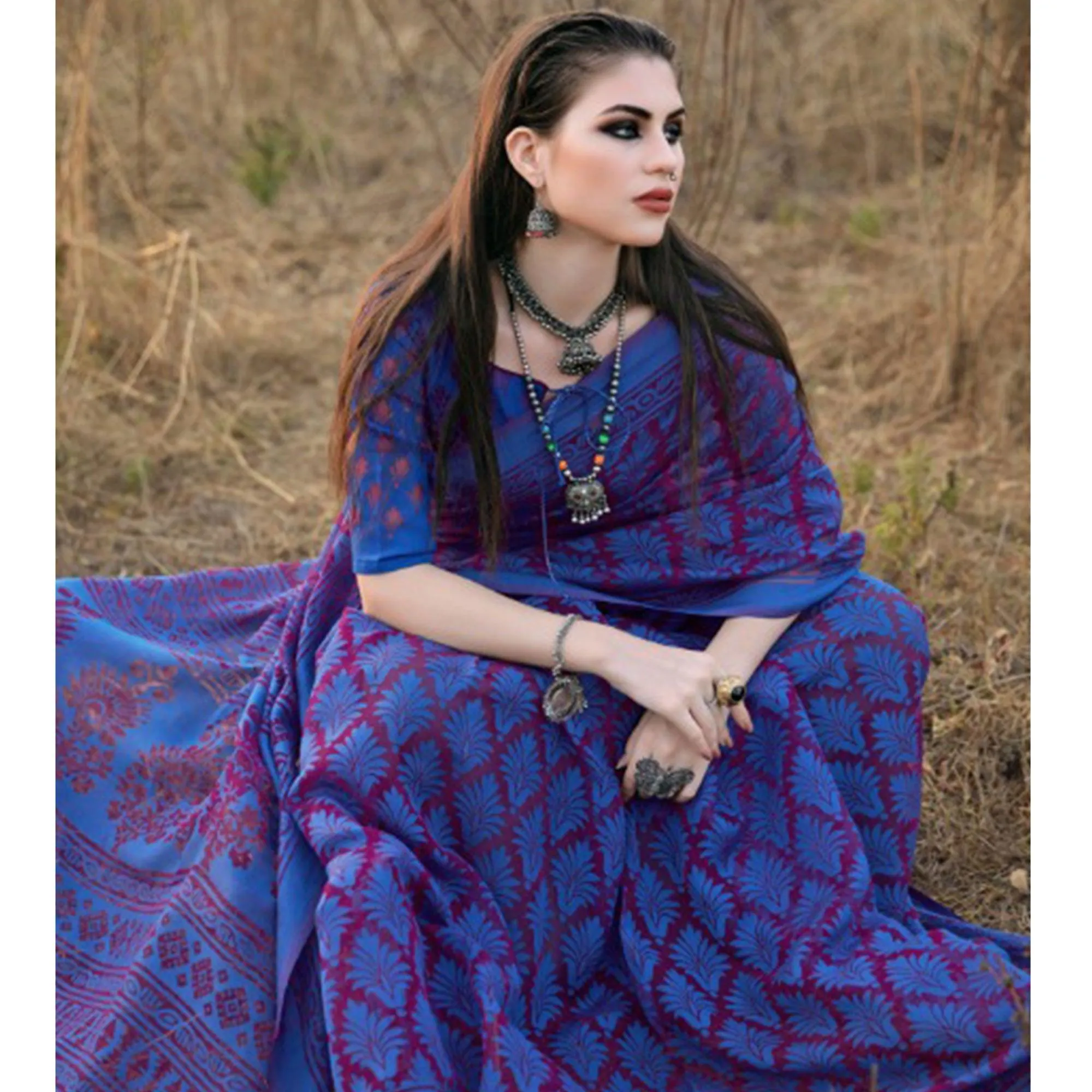 Elegant Blue Colored Casual Wear Printed Brasso Saree