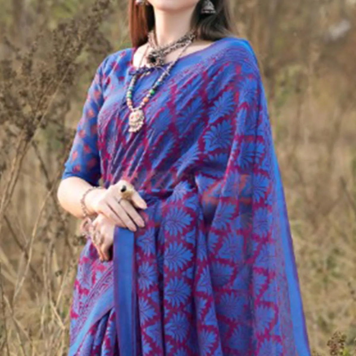 Elegant Blue Colored Casual Wear Printed Brasso Saree