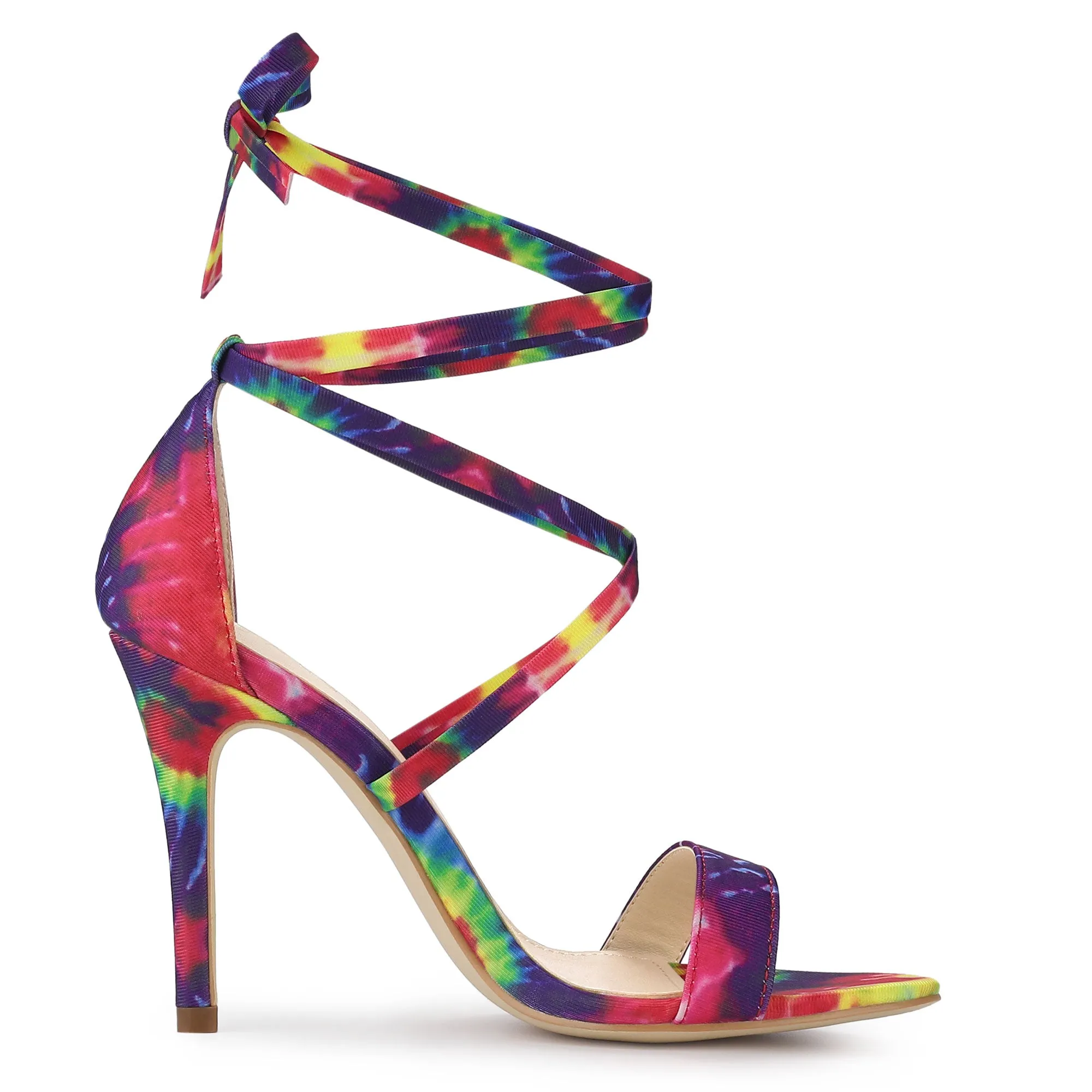 Elegant Open Toe Tie Dye Lace Up Stiletto Heel Sandals