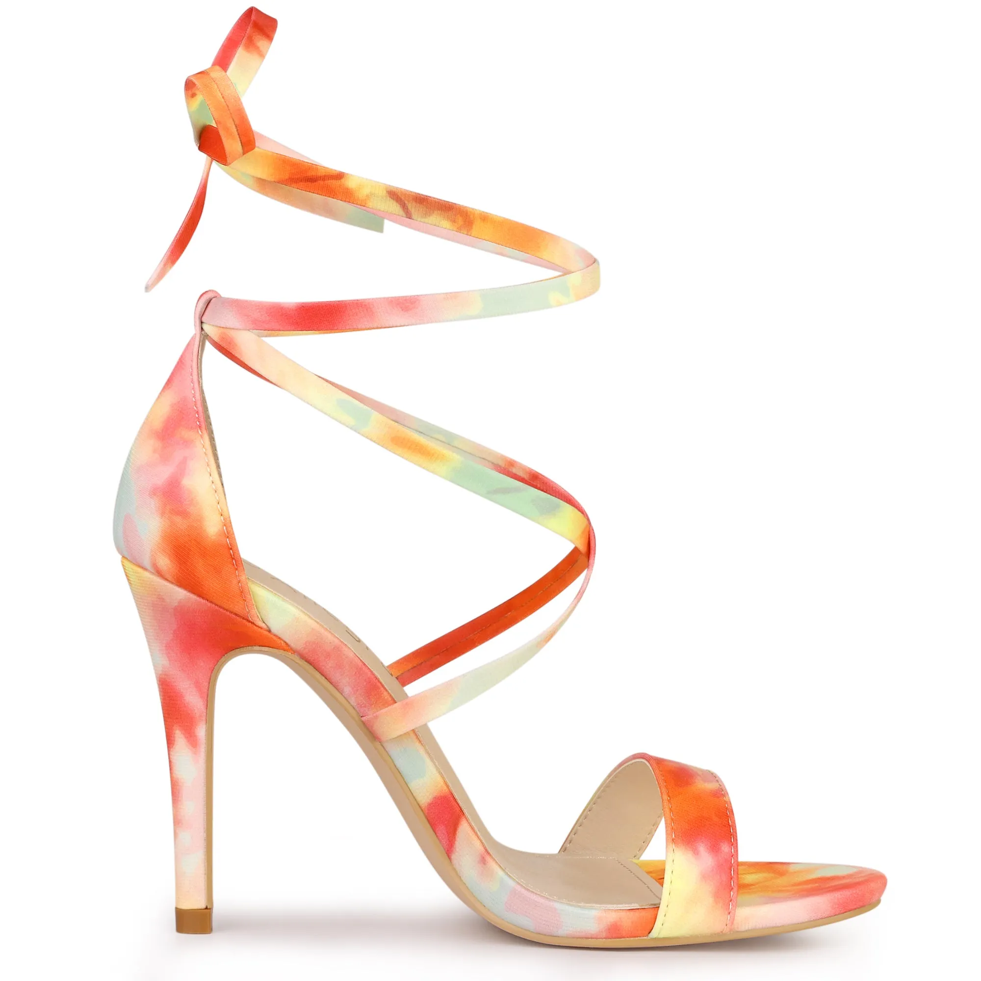 Elegant Open Toe Tie Dye Lace Up Stiletto Heel Sandals