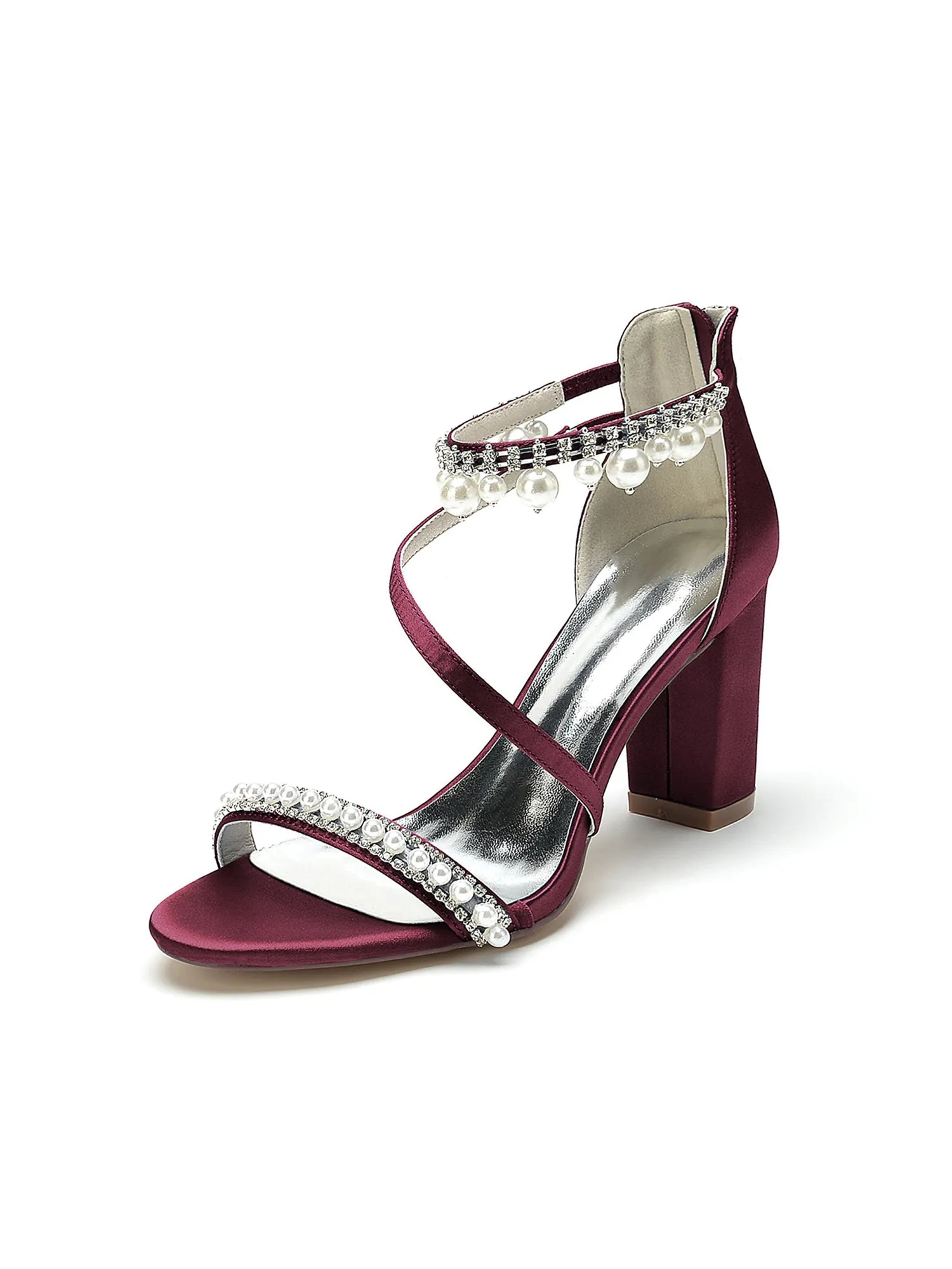 Elegant Single Strap Pearl Beaded Chunky Heels