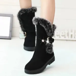 Faux Fur Decorate Round Toe Chunky Heel Long Snow Boots