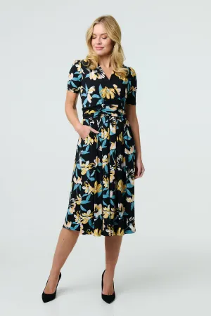 Floral Short Sleeve Faux Wrap Midi Dress
