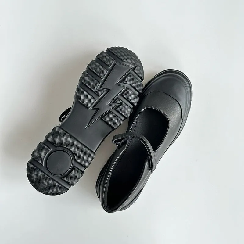 Handmade Leather Flat Mary Jane Shoes For Women Round Toe in Beige/Black