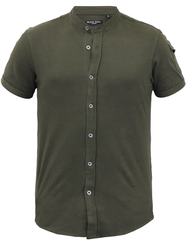 Joey Grandad Collar Button Down Pique Shirt with Sleeve Pocket in Khaki