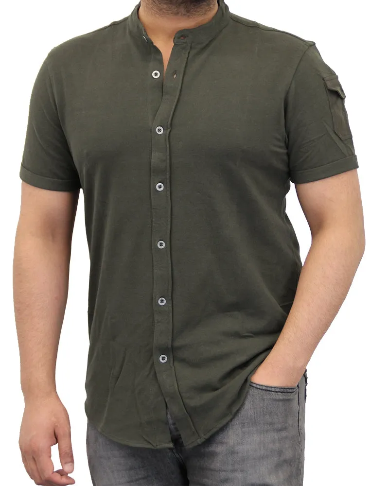 Joey Grandad Collar Button Down Pique Shirt with Sleeve Pocket in Khaki