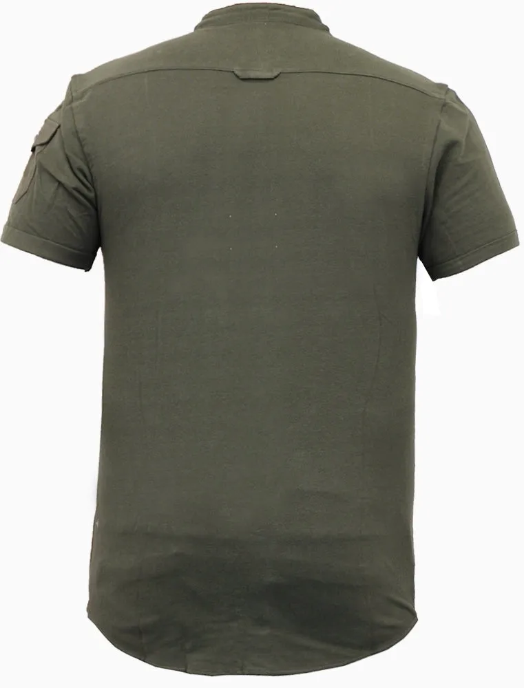 Joey Grandad Collar Button Down Pique Shirt with Sleeve Pocket in Khaki