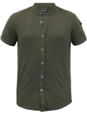 Joey Grandad Collar Button Down Pique Shirt with Sleeve Pocket in Khaki