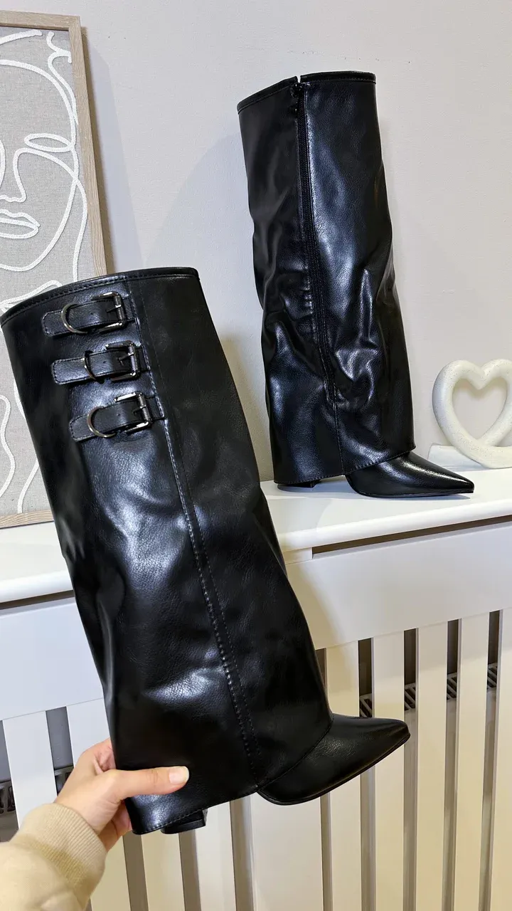 Knee High Fold Over Buckle Boots -Black