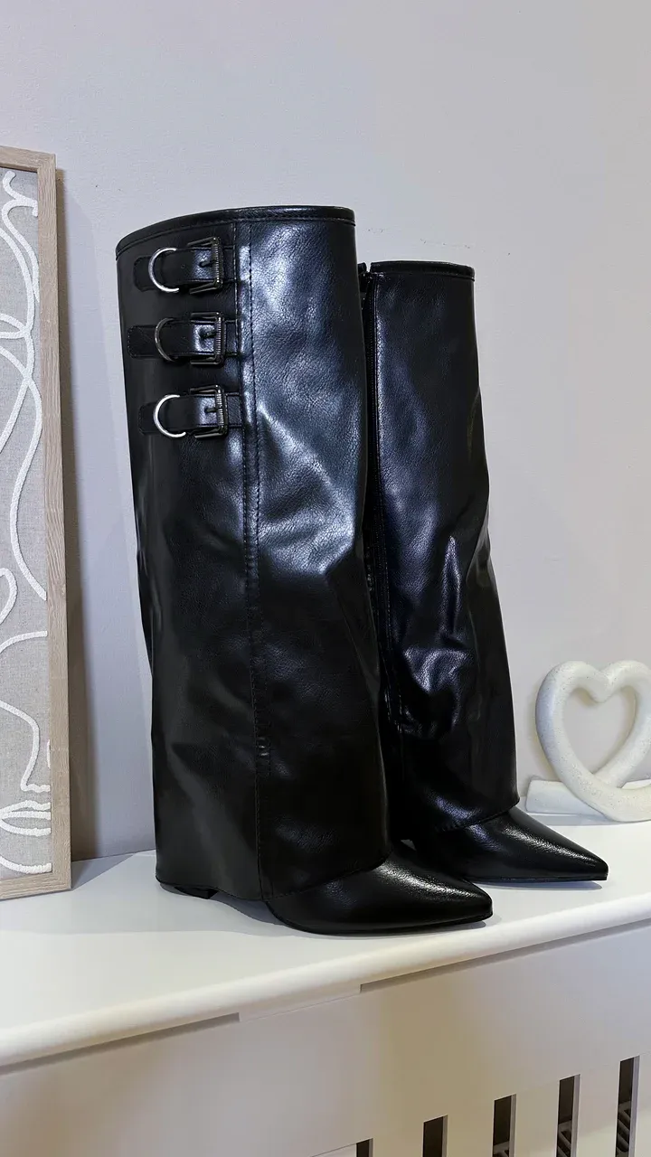Knee High Fold Over Buckle Boots -Black