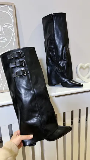 Knee High Fold Over Buckle Boots -Black