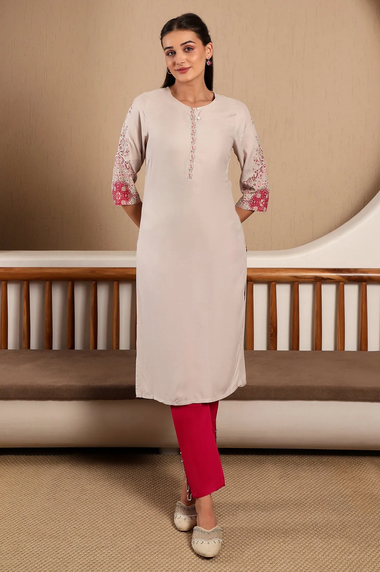 Light Pink Round Neck Rayon Straight Kurta with Floral Print on Sleeves & Button Tab
