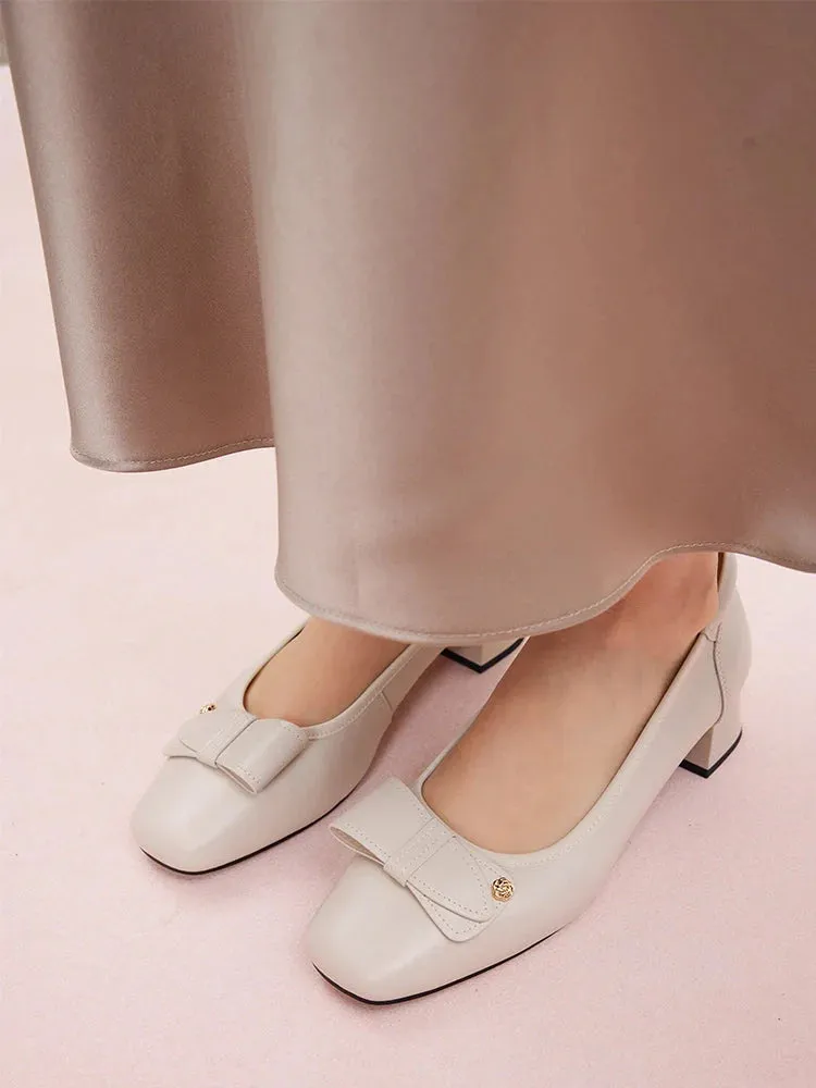 Lysandra Leather Bow Low Block Heels