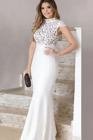 Mermaid High Neck Floor-Length White Stretch Satin Prom Dress with Lace LR467