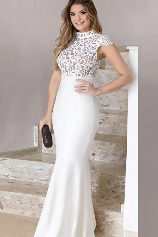 Mermaid High Neck Floor-Length White Stretch Satin Prom Dress with Lace LR467
