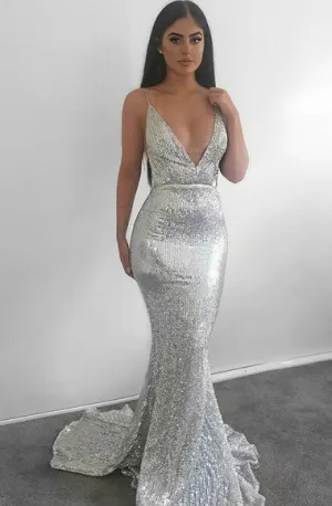 Mermaid Spaghetti Straps Sweep Train Silver Sequined Backless Sleeveless Prom Dress LR221