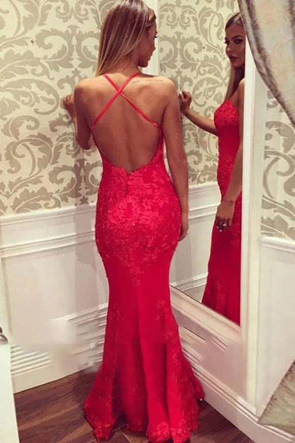Mermaid Swewetheart Criss-Cross Straps Floor-Length Red Satin Prom Dress with Appliques LR211